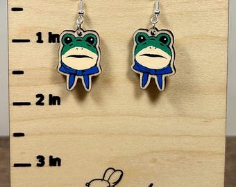 Portland Inflatable Frog with Scarf Hand Painted Wood Dangle Earrings