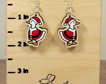 Santa Goose Hand Painted Wood Dangle Earrings