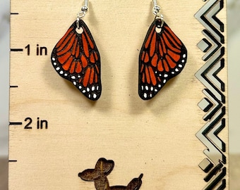 Monarch Butterfly Wings Hand Painted Wood Dangle Earrings