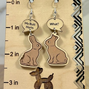 Easter Chocolate Bunnies Humor Stacked Hand Painted Wood Dangle Earrings