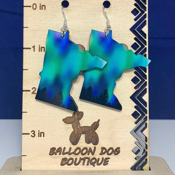 Northern Lights Aurora Minnesota State with Green Blue Purple Night Sky Wood Sublimation Earrings