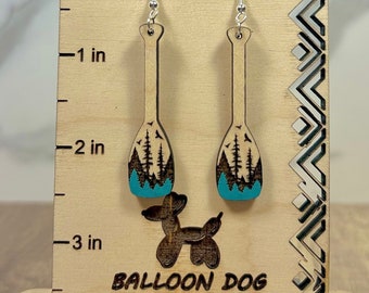 Kayak Canoe Paddles Hand Painted Forest Engraved Wood Earrings