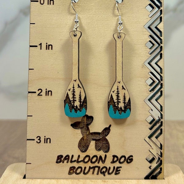 Kayak Canoe Paddles Hand Painted Forest Engraved Wood Earrings