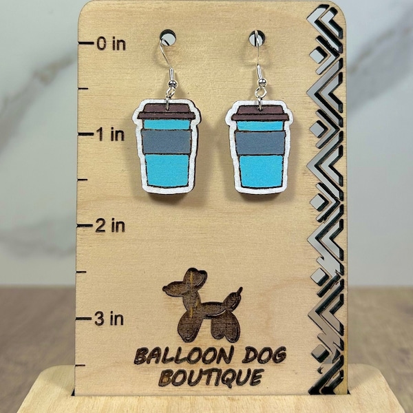 Coffee Cup Hand Painted in Caribou Blue Wood Dangle Earrings