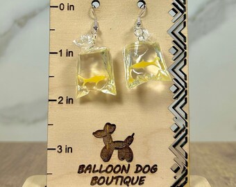 Yellow Fish in Bag Fun Dangle Earrings