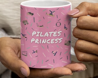 Pilates Princess Mug | Pink Pilates Matwork Reformer Equipment Pattern, Exercise Icons