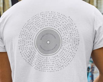 Personalised song lyrics T-shirt. Vinyl Record Design | Retro Music Tee Back Design