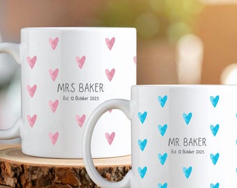 Personalised Bride & Groom Wedding Mugs | Mr and Mrs Coffee Cups | Custom Wedding Date Gift