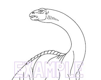May include: A black and white line drawing of a dinosaur with a long neck and a long tail. The dinosaur is standing on all fours and has a small head.