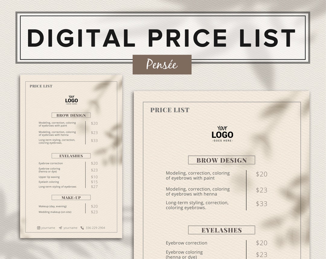 Price List Design Template, Beauty Price List, Digital Pricing Menu