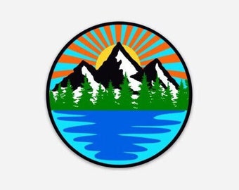 Mountains, Sun, Trees and River Circle Vinyl Sticker, Waterproof Sticker