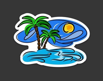 Palm Trees and Ocean Die Cut Vinyl Sticker, Palm Tree Sticker, Beach Sticker, Waterproof Sticker
