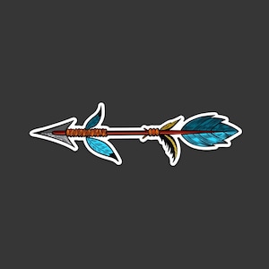 May include: A stylized arrow with blue and brown feathers, a brown shaft, and a silver arrowhead.