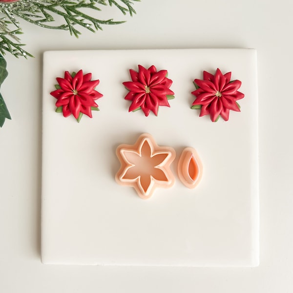 Poinsettia No. 3 | Two-Part Poinsettia Polymer Clay Cutter Christmas Holiday Clay Cutter Floral Polymer Clay Cutter Six-Sided