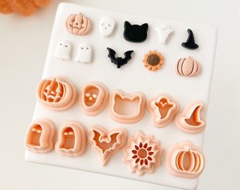 Mega Fall Stud Pack | Embossed Fall Stud Clay Cutter Set Spooky Halloween Clay Cutter Ghost Bat Witch Black Cat Pumpkin Clay Cutter Bundle