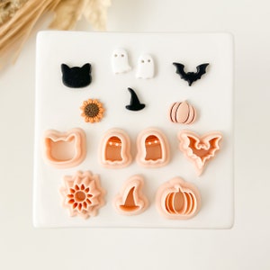 Fall Stud Set | Embossed Fall Stud Clay Cutter Set Spooky Halloween Polymer Clay Cutter Ghost Bat Witch Black Cat Polymer Clay Cutter Bundle