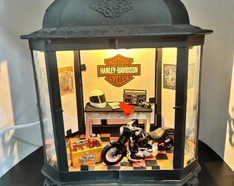 LED Harley Garage Lantern with Motorcycle, Workbench & Pin-Up Shop Scene, Gift for Him, Gift for Dad