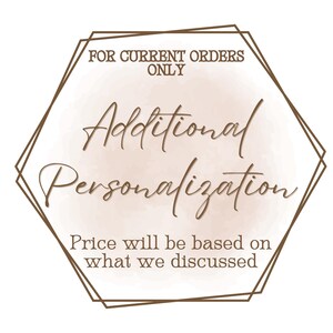 May include: A brown hexagonal frame with the text "FOR CURRENT ORDERS ONLY" at the top. The text "Additional Personalization" is in a handwritten font. The text "Price will be based on what we discussed" is below the handwritten text.