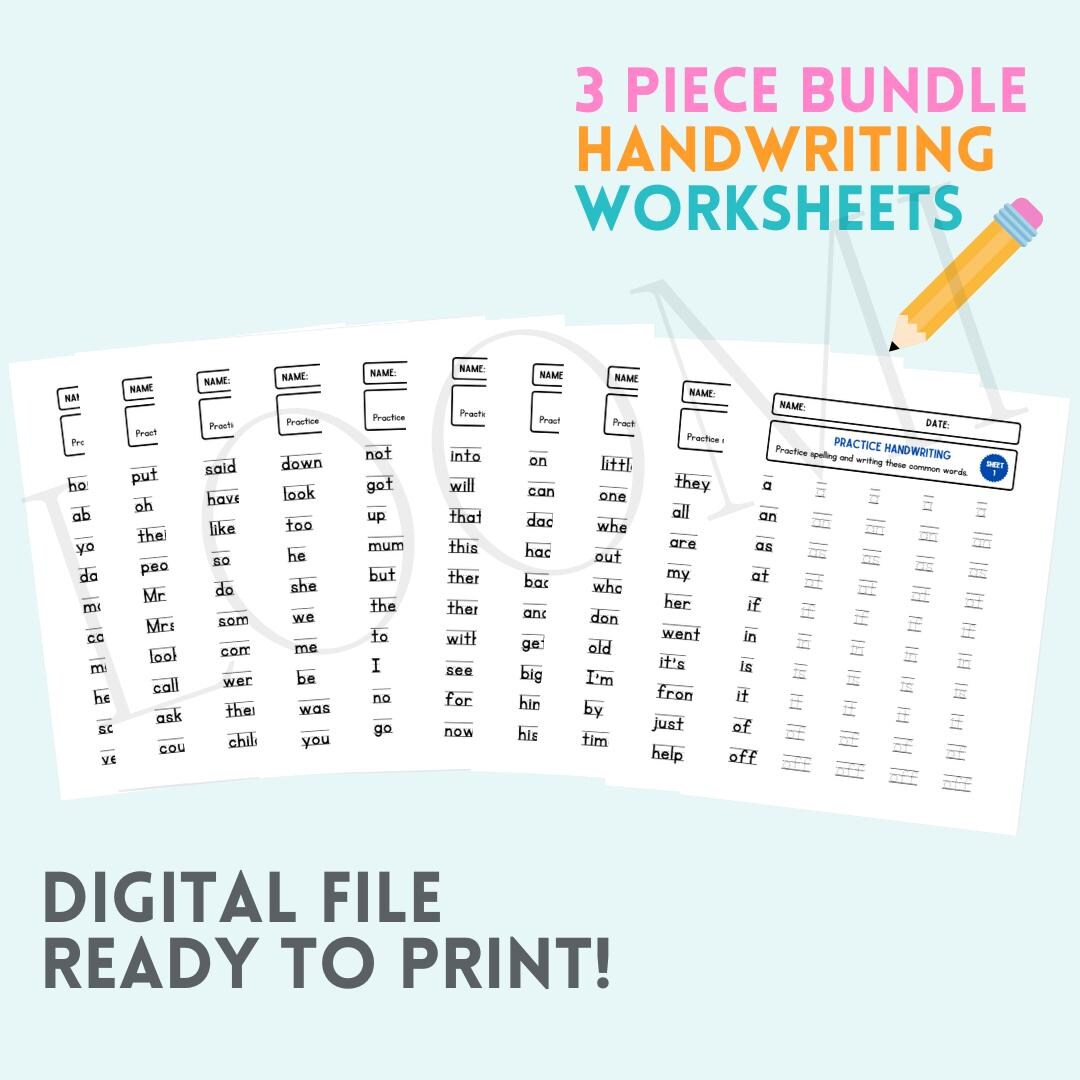 Handwriting Practice Worksheets Bundle | 10 Sight Word Tracing Sheets ...