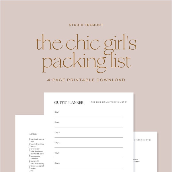 The Chic Girl's Packing List Printable, PDF Packing List For Vacation or Professional Travel, Travel Trip Checklist For Women