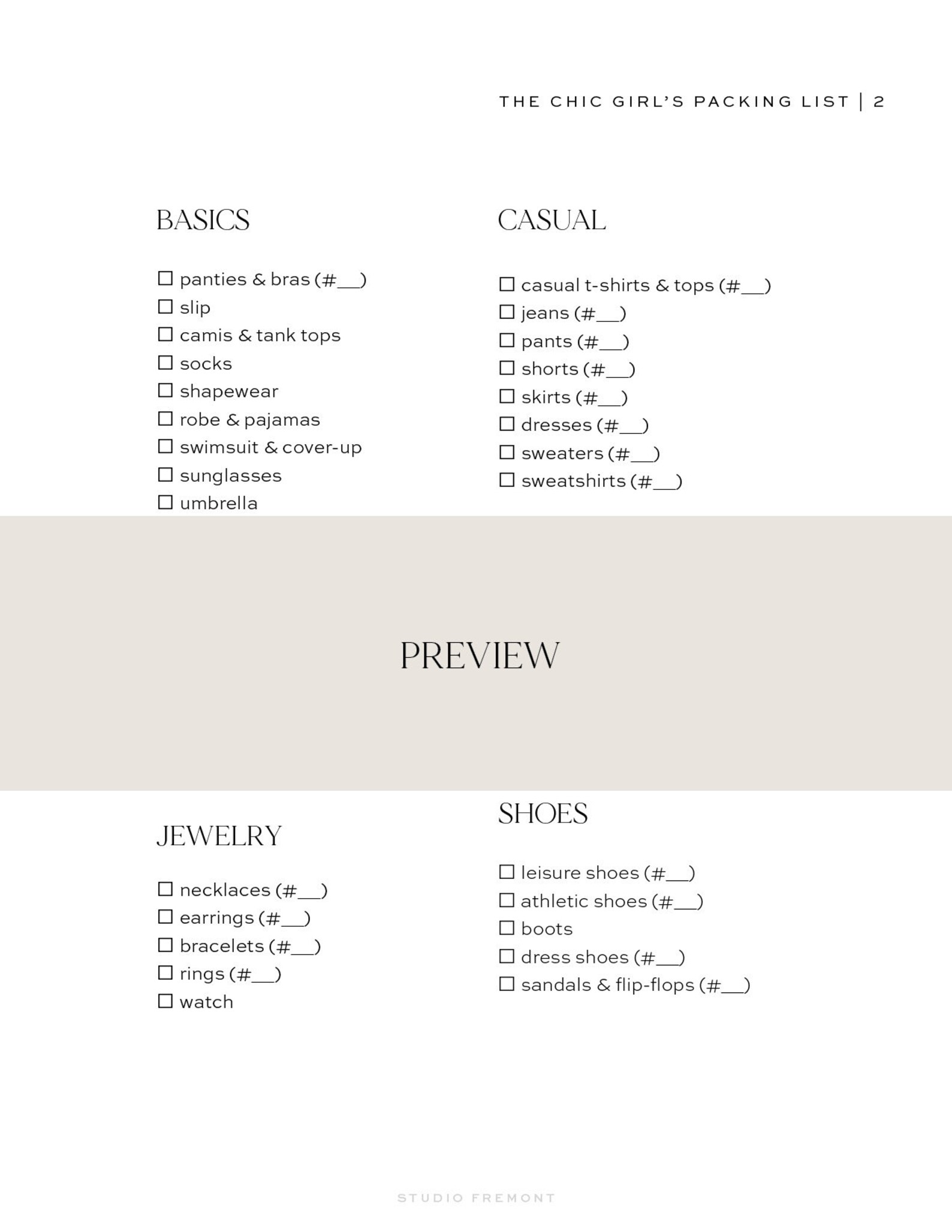 The Chic Girl's Packing List Printable, PDF Packing List for Vacation ...