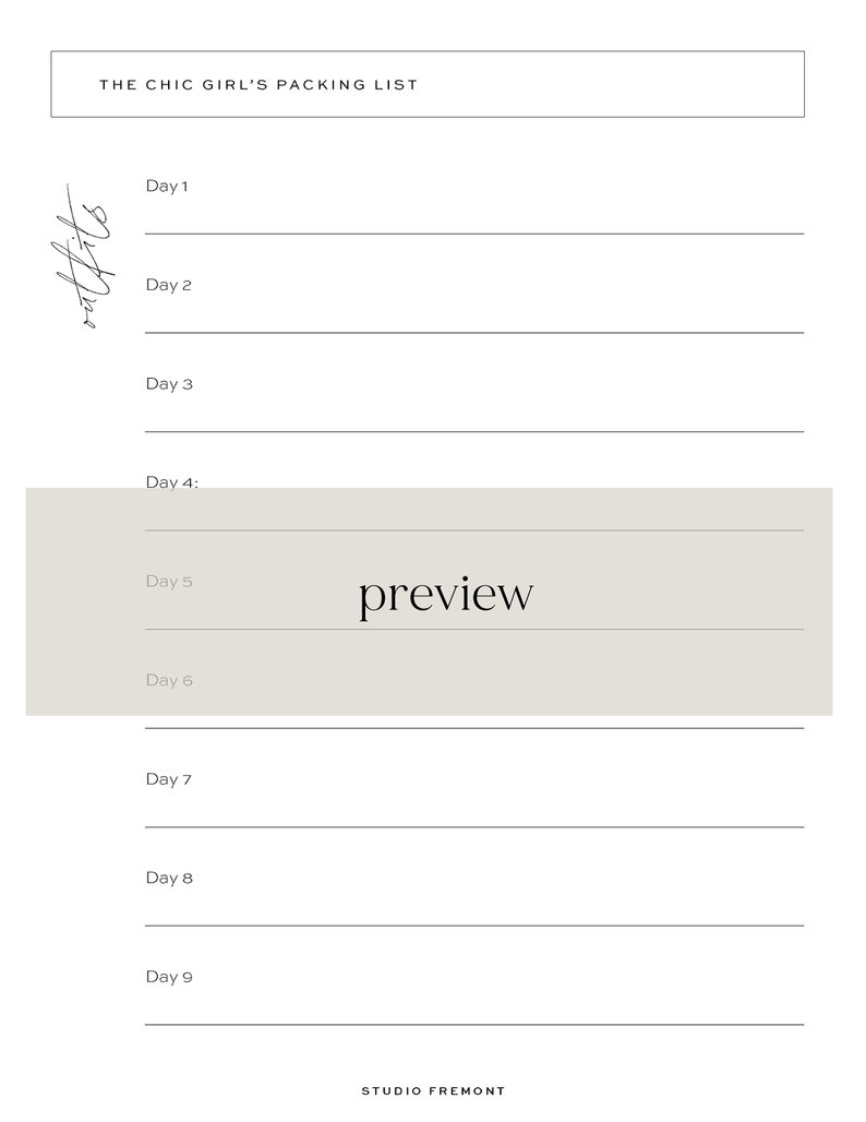The Chic Girl's Packing List Printable, PDF Packing List for Vacation ...