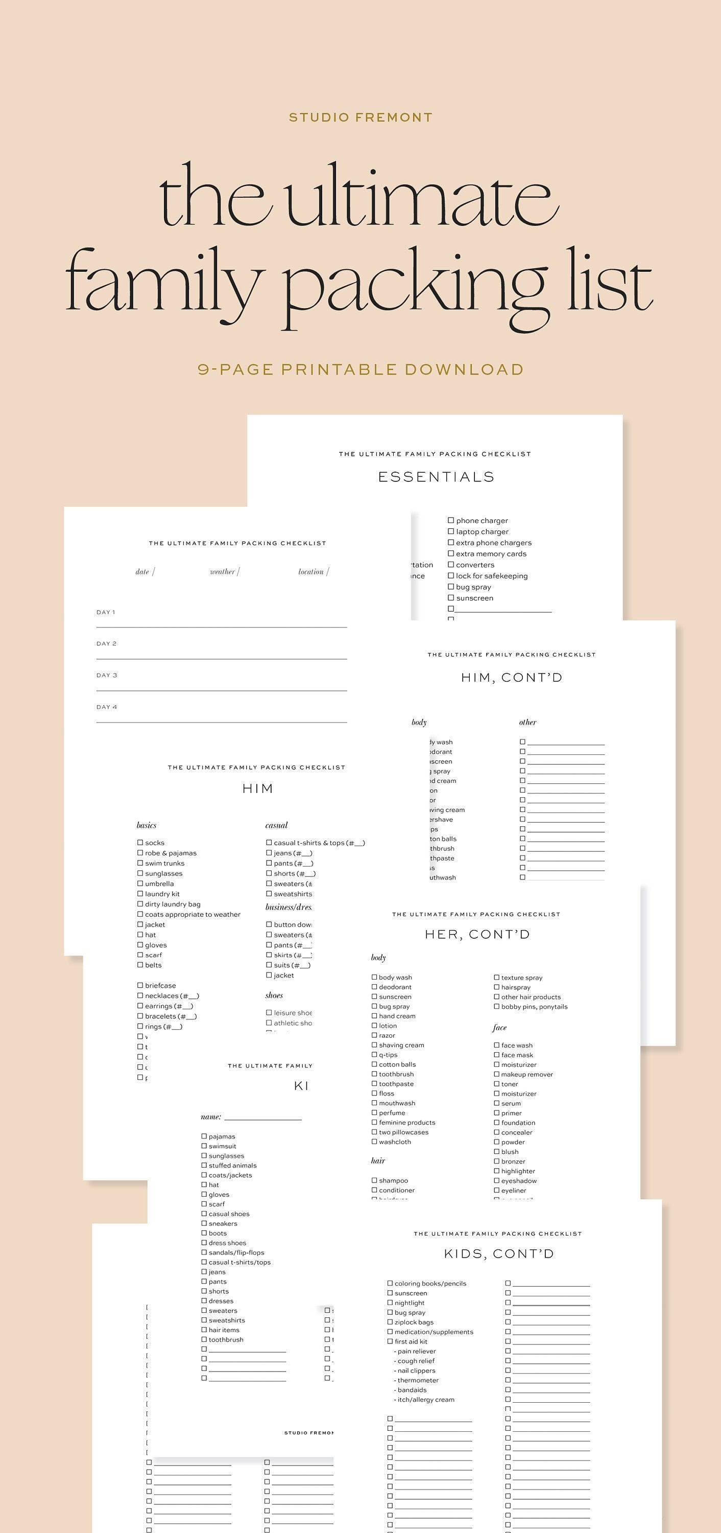 the ultimate family packing list 9 page pdf printable etsy
