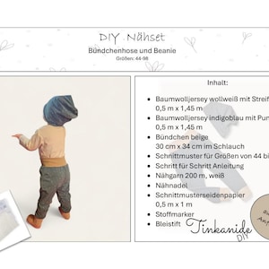 DIY sewing kit / cuffed trousers and beanie / sewing patterns and instructions / including fabrics, sewing thread, sewing needle / tissue paper, fabric marker, pencil