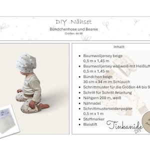 DIY sewing kit / cuffed trousers and beanie / sewing patterns and instructions / including fabrics, sewing thread, sewing needle / tissue paper, fabric marker, pencil