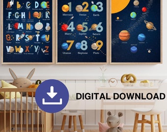 May include: Three framed educational prints. The left print features the alphabet with space-themed illustrations. The center print displays numbers 1-9 with planets. The right print shows the solar system. The text "DIGITAL DOWNLOAD" is at the bottom.