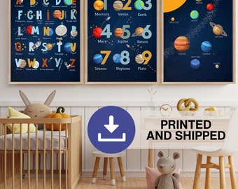 May include: Three printable posters with a space theme. The first poster features the alphabet with a space-themed illustration for each letter. The second poster features the numbers 1-9 with a space-themed illustration for each number. The third poster features a colorful illustration of the planets in our solar system.