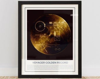 May include: Framed print of the Voyager Golden Record. The artwork features a gold-toned disc with intricate diagrams and symbols against a dark background. The title "VOYAGER GOLDEN RECORD" is printed at the bottom.