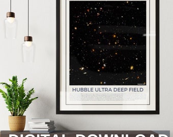 May include: A black framed print of the Hubble Ultra Deep Field, a photograph of a small patch of space containing thousands of galaxies. The print is hanging on a white wall above a wooden cabinet with a potted plant and books.