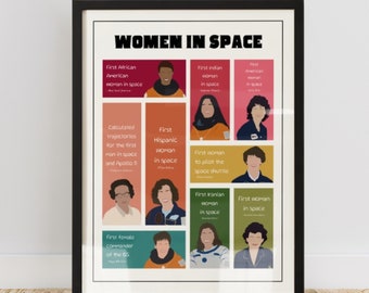 May include: A colorful poster with illustrations of women in space. The poster has the title "Women in Space" and lists the first African American woman in space, the first Indian woman in space, the first Hispanic woman in space, the first woman to pilot the space shuttle, the first Iranian woman in space, the first woman in space, the first female commander of the ISS, and the first American woman in space.