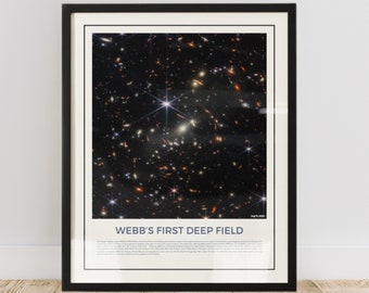 May include: A black framed poster with a photograph of a deep space field taken by the James Webb Space Telescope. The poster has the text "WEBB'S FIRST DEEP FIELD" and the date "July 12, 2022".