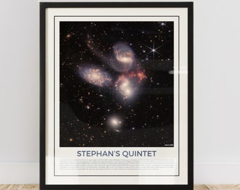 May include: A framed print featuring a deep space image of Stephan's Quintet, a group of galaxies. The image shows bright, swirling galaxies against a dark background with stars. The print is in a black frame with the title "STEPHAN'S QUINTET" at the bottom.