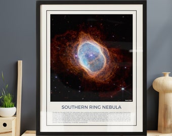 May include: A framed poster with a photograph of the Southern Ring Nebula, a planetary nebula in the constellation Centaurus. The nebula is a glowing ring of gas and dust surrounding a dying star. The poster also includes a description of the nebula.