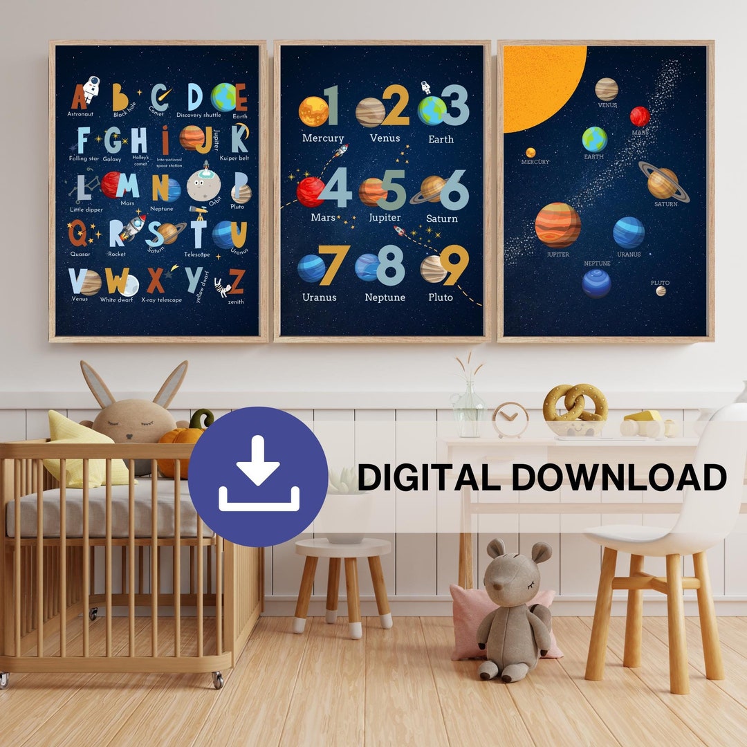 Solar Letters/numbers Set of 3 Preschool Printables Alphabet Chart Solar System Numbers ...
