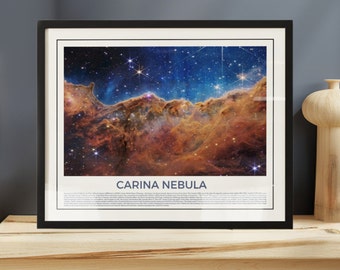 May include: Framed print of the Carina Nebula, showcasing vibrant colors of orange, brown, and blue. The image features a detailed view of the nebula with bright stars and the text "CARINA NEBULA" at the bottom.
