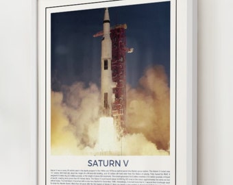 May include: A framed print of the Saturn V rocket launching, with flames and smoke billowing from the base. The rocket is white and red, set against a dark blue sky. The text "SATURN V" is at the bottom.