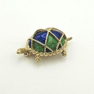 Vintage 18k Gold Turtle Brooch: Blue & Green Enamel Shell