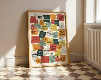 May include: A framed print featuring colorful sticky notes with inspirational quotes and floral accents. The notes are in various colors, including red, yellow, and green, with text such as "Hope" and "Faith". The print is in a wooden frame.