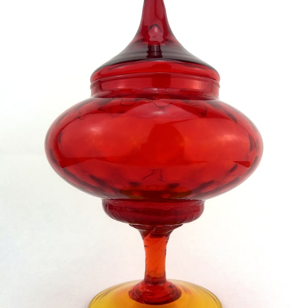 Grote Italiaanse rode amberkleurige glazen bonbon snoepschotel uit het midden van de eeuw Empoli