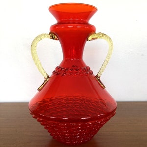 Mid Century Italian Red Glass Vase Basketweave Texture Amber Handles Empoli 60&#39;s