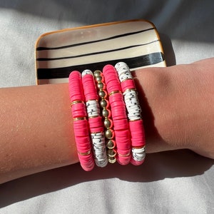 Bubblegum pink heishi beaded bracelet stack, 14k gold plated bracelet set, Mother’s Day gift, Minimalist beaded bracelets