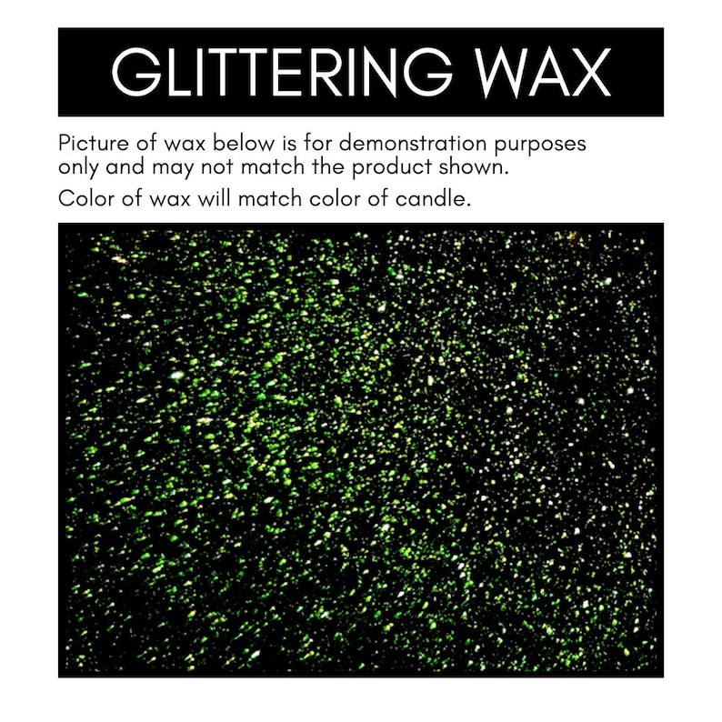 May include: Close-up of green glitter embedded in black wax. The glitter is a mix of light and dark green, creating a sparkling effect.