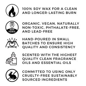 May include: Five icons with text describing the features of soy wax candles. The icons are a flame, a test tube with the words "Non Toxic", a heart with hands around it, a bottle with leaves, and a rabbit with a slash through it. The text reads: 100% Soy Wax for a Clean and Longer-Lasting Burn, Organic, Vegan, Naturally Non-Toxic, Phthalate-Free, and Lead-Free, Hand-Poured in Small Batches to Ensure High Quality and Consistency, Scented with the Highest Quality Clean Fragrance Oils and Essential Oils, Committed to Using Only Cruelty-Free Sustainably Sourced Ingredients.