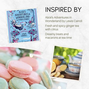May include: A stack of pastel pink and blue macarons, inspired by Alice's Adventures in Wonderland by Lewis Carroll. The image also includes a book cover and a cup of tea with ginger and citrus.