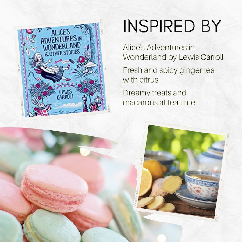 May include: A stack of pastel pink and blue macarons, inspired by Alice's Adventures in Wonderland by Lewis Carroll. The image also includes a book cover and a cup of tea with ginger and citrus.
