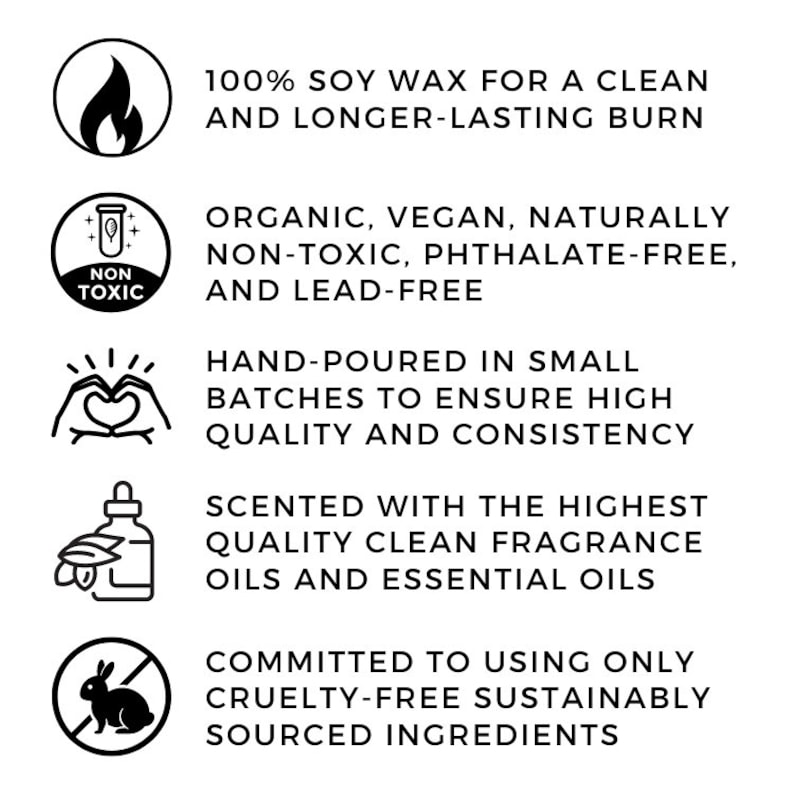 May include: Five icons with text describing the features of soy wax candles. The icons are a flame, a test tube with the words "Non Toxic", a heart with hands around it, a bottle with leaves, and a rabbit with a slash through it. The text reads: 100% Soy Wax for a Clean and Longer-Lasting Burn, Organic, Vegan, Naturally Non-Toxic, Phthalate-Free, and Lead-Free, Hand-Poured in Small Batches to Ensure High Quality and Consistency, Scented with the Highest Quality Clean Fragrance Oils and Essential Oils, Committed to Using Only Cruelty-Free Sustainably Sourced Ingredients.